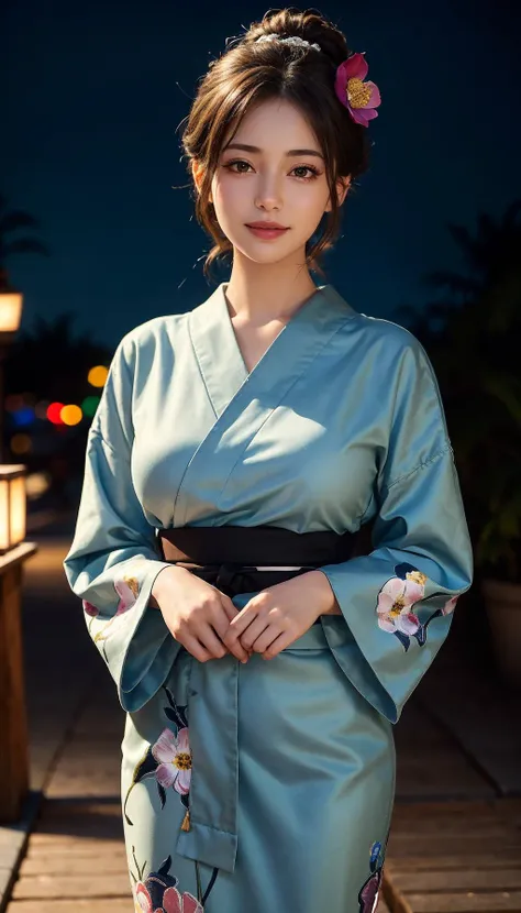 (best quality, masterpiece:1.3), absurd-res, RAW photo, 16K photo album, (realistic), photo-realistic, blurry background, an incredible beautiful girl, innocent, extremely detailed pretty face, extremely detailed large black eyes, chignon, natural skin texture, perfect figure, wearing floral pattern yukata, standing, looking at viewer, gentle smile, on the Japanese traditional street, night, (cowboy shot), shot from front, close-up photo