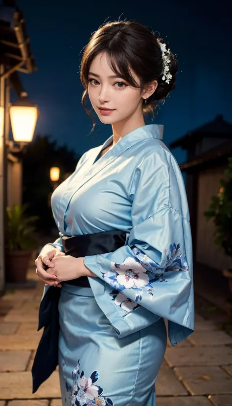 (best quality, masterpiece:1.3), absurd-res, RAW photo, 16K photo album, (realistic), photo-realistic, blurry background, an incredible beautiful girl, innocent, extremely detailed pretty face, extremely detailed large black eyes, chignon, natural skin texture, perfect figure, wearing floral pattern yukata, standing, looking at viewer, gentle smile, on the Japanese traditional street, night, (cowboy shot), shot from front, close-up photo