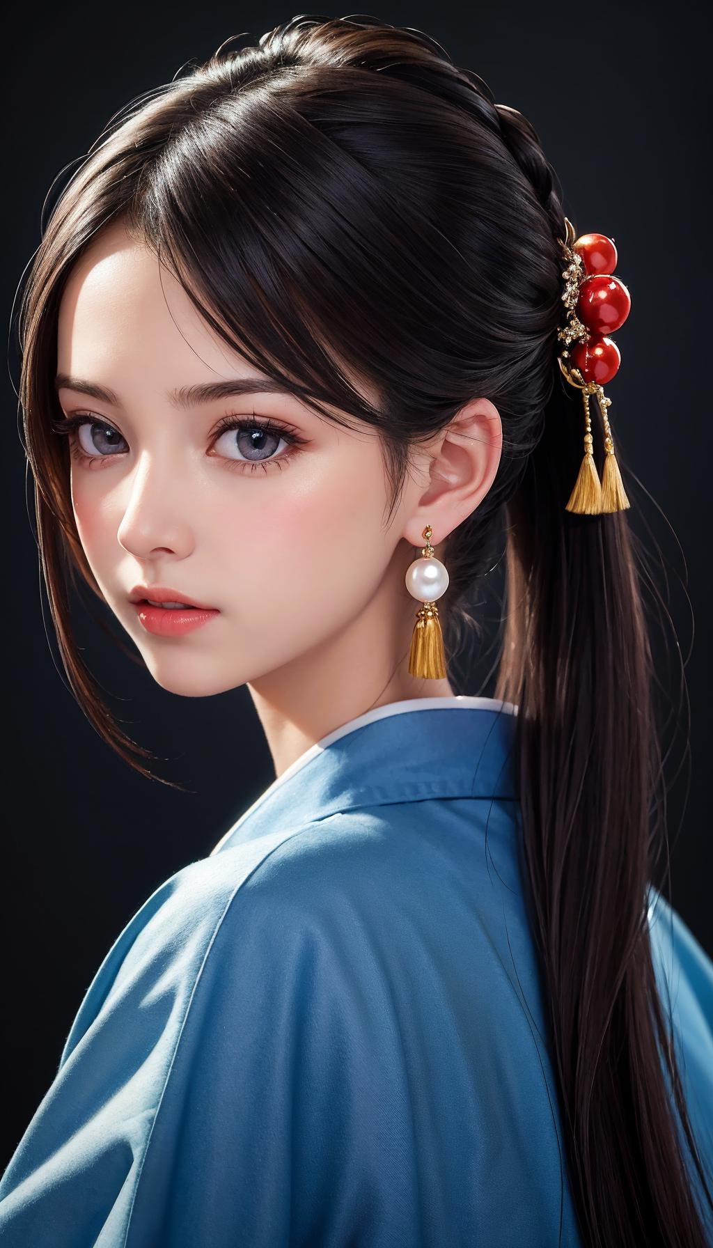 A woman with long hair wearing a blue shirt and earrings - SeaArt AI