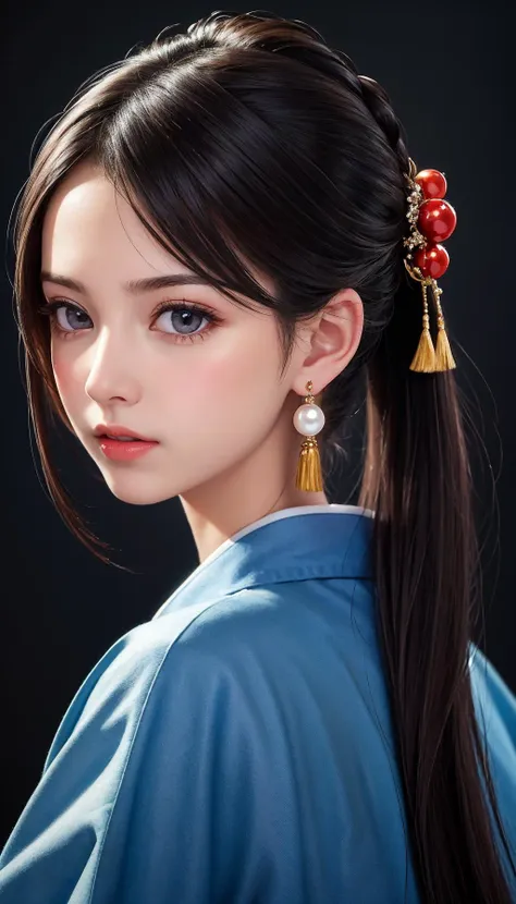 (best quality, masterpiece:1.3), absurd-res, hyper realistic illustration, 16K wallpaper, (realistic, photo-realistic), dark gray background, an incredible pretty girl, youthful, innocent, extremely detailed cute face, extremely detailed black eyes, extremely detailed spread lips, pony tail, blue turban, pearl earrings, blown kimono, looking at viewer, portrait, shot from behind