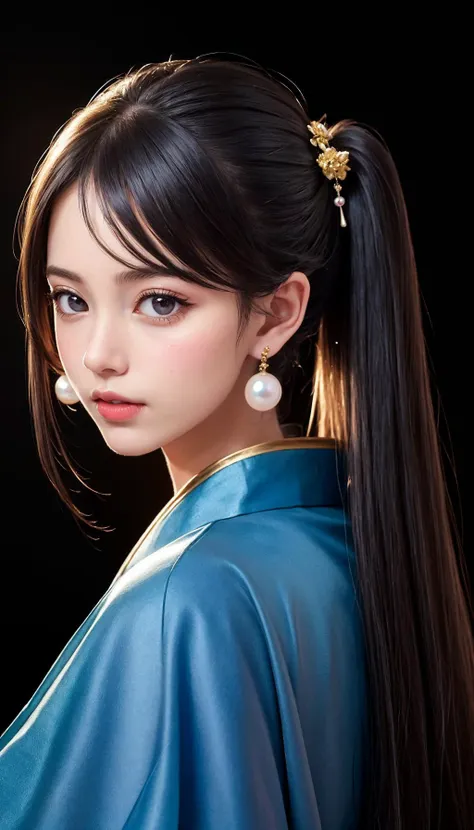 (best quality, masterpiece:1.3), absurd-res, hyper realistic illustration, 16K wallpaper, (realistic, photo-realistic), dark gray background, an incredible pretty girl, youthful, innocent, extremely detailed cute face, extremely detailed black eyes, extremely detailed spread lips, pony tail, blue turban, pearl earrings, blown kimono, looking at viewer, portrait, shot from behind