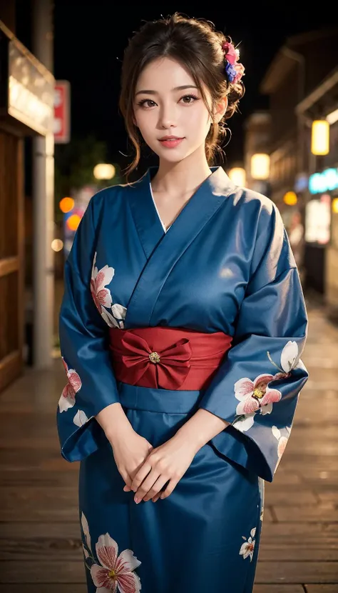 (best quality, masterpiece:1.3), absurd-res, RAW photo, 16K photo album, (realistic), photo-realistic, blurry background, an incredible beautiful girl, innocent, extremely detailed pretty face, extremely detailed large black eyes, chignon, natural skin texture, perfect figure, wearing floral pattern yukata, standing, looking at viewer, gentle smile, on the Japanese traditional street, night, (cowboy shot), shot from front, close-up photo