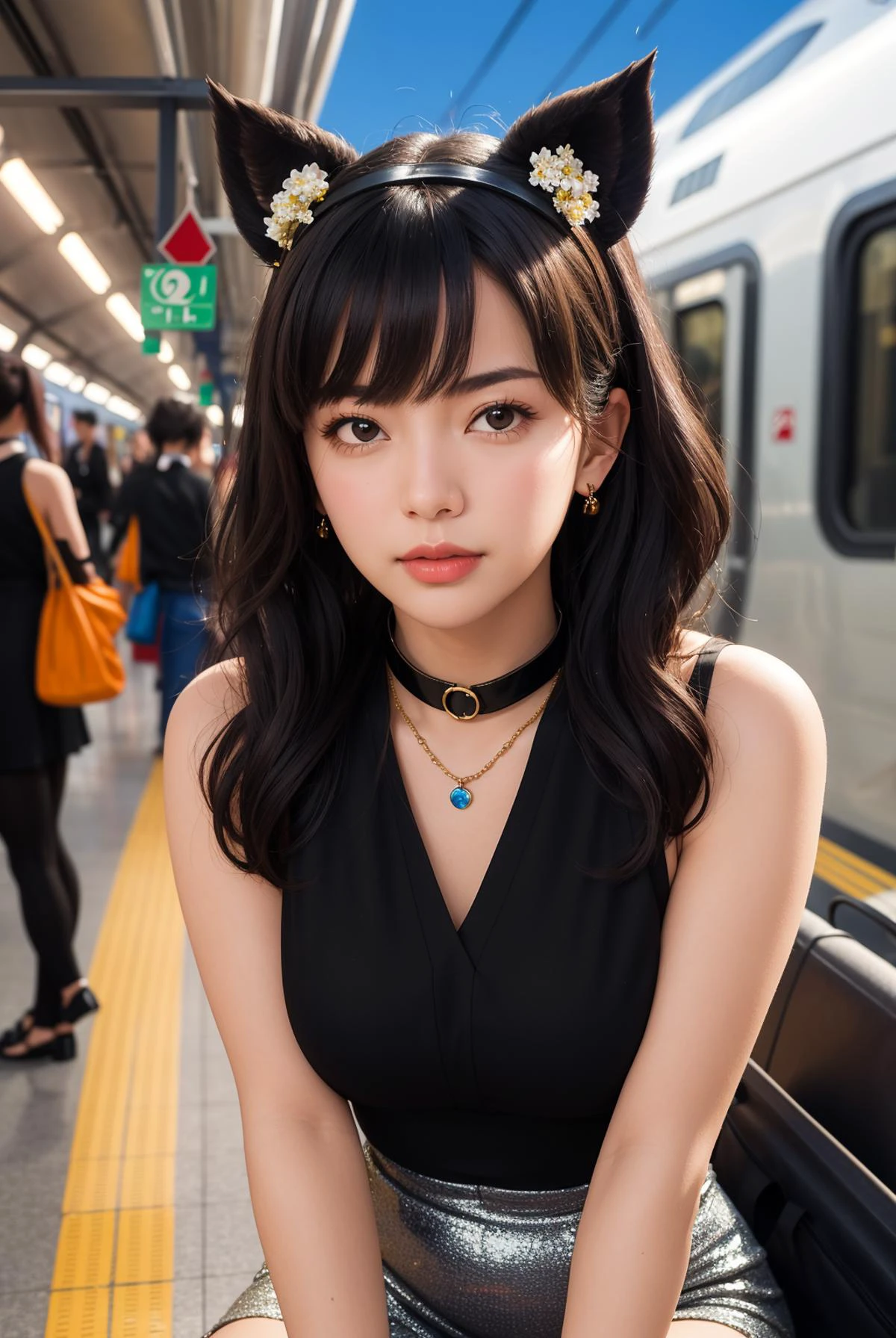 (best quality, masterpiece:1.3), absurd-res, RAW photo, 16K photo album, (realistic), photo-realistic, blurry background, an incredibly beautiful girl, innocent, extremely detailed pretty face, extremely detailed large black eyes, medium wavy hair, natural skin texture, perfect figure, kneeling, paw pose, looking at viewer, (upper body), from front, BREAK (she is wearing Persephone goddess costume, necklace, bangle:1.2), (train platform at night, commuters, rushing passengers, travel, train, black bangles, black collars, black cat ears:1.3),