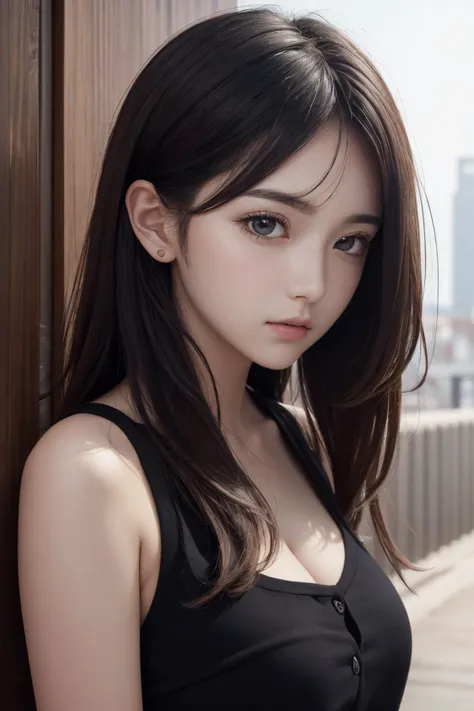 1girl, upper body, (masterpiece, best quality), RAW photo, 16k wallpaper, extremely detailed CG, amazing, ultra detailed, hyperrealistic, official art, High quality texture, incredibly absurdres, highres, 18 years old, cute girl, beautiful face, detailed large black eyes,