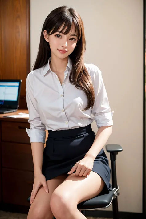 an incredible beautiful girl, a really beautiful female office worker, delicate, elegant, neat, solo, pretty face, large eyes, medium hair, straight hair, side ponytail, bangs, small breasts, perky breasts, narrow waist, clear and smooth thighs, perfect feminine features, perfect figure, clear and smooth skin, natural skin texture, wearing dress shirts, flare skirt, sitting on the chair with legs together, (gentle smile), looking at viewer straight, (best quality, masterpiece:1.3), absurd-res, RAW photo, 8K photo album, (realistic, photo-realistic:1.3), extremely detailed, blurry background, in an office, (thigh shot), shot from diagonally front, shot from below, (close-up photo)