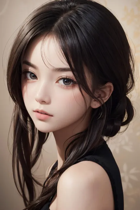 1girl, upper body, (masterpiece, best quality), RAW photo, 16k wallpaper, extremely detailed CG, amazing, ultra detailed, hyperrealistic, official art, High quality texture, incredibly absurdres, highres, 18 years old, cute girl, beautiful face, detailed large black eyes,