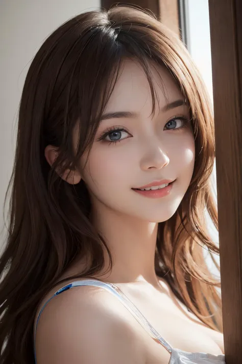1girl, 18 years old girl, purely cute girl, prefect face, detailed beautiful face, large detailed brown eyes, gorgeous lips, smiling, shaded face, busty, glossy white skin, from front, cowboy shot, look at viewer, (masterpiece:1.4), (best quality:1.2), RAW phot, ultra-detailed, 16k wallpaper, finely detailed, official art, subsurface scattering, golden ratio, digital painting, high-quality texture, incredibly detailed, (absurd-res, high-res, ultra detailed), huge file size, beautiful composition, sharp focus, dramatic lighting, simple gradient background, epiCPhoto