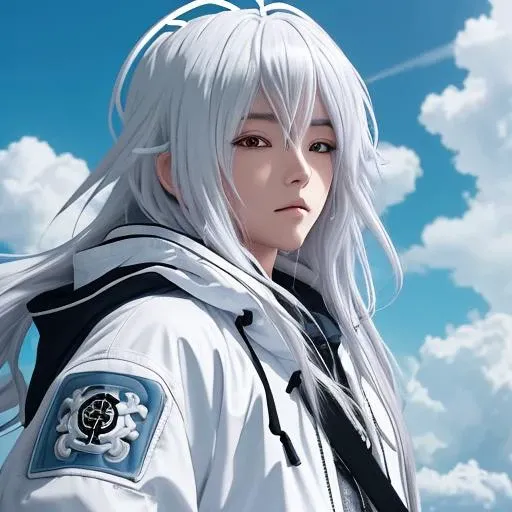2D anime style,anime screencap,enigmatic character with flowing white hair and a hooded jacket adorned with cloud patterns,intricate details on the jacket and hair,hidden eyes creating a sense of mystery,dynamic and vibrant sky background with detailed clouds and bright sunlight,extreme detail and complexity,bold colors,