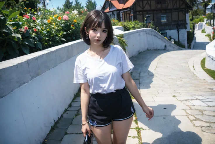 (masterpiece:1.4), (best quality:1.4), beautiful, detailed eyes, extremely detailed, feminine features, perfect body, very detailed face, Depth of field, extremely detailed CG, 8k, wallpaper, 1girl, detailed background, clear face, shiny skin, beautiful face, (esp. of a woman), a tall figure, BREAK (from front, Far-reaching, cowboy shot, medium tits, waist, standing, model posing, looking at viewer:1.3), (brown hair, short hair, bangs, ecstasy, bright eyes:1.2), clavicle, broad shoulder, bracelet, ear pendants, necklace, jewelry, hair ornament, (ah1, perfect fingers), <lora:InstantPhotoX3:0.4>, BREAK (she is wearing T-shirt, shorts, high heels, FF14MistVillage, blue sky, town:1.3), <lora:FF14MistVillage-000066:0.8>,