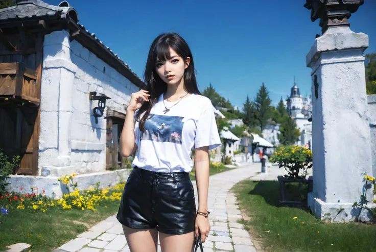 (masterpiece:1.4), (best quality:1.4), beautiful, detailed eyes, extremely detailed, feminine features, perfect body, very detailed face, Depth of field, extremely detailed CG, 8k, wallpaper, 1girl, detailed background, clear face, shiny skin, beautiful face, (esp. of a woman), a tall figure, BREAK (from front, Far-reaching, cowboy shot, medium tits, waist, standing, model posing, looking at viewer:1.3), (brown hair, medium hair, bangs, ecstasy, bright eyes:1.2), clavicle, broad shoulder, bracelet, ear pendants, necklace, jewelry, hair ornament, (ah1, perfect fingers), <lora:InstantPhotoX3:0.4>, BREAK (she is wearing T-shirt, shorts, high heels, FF14MistVillage, blue sky, town:1.3), <lora:FF14MistVillage-000066:0.8>,