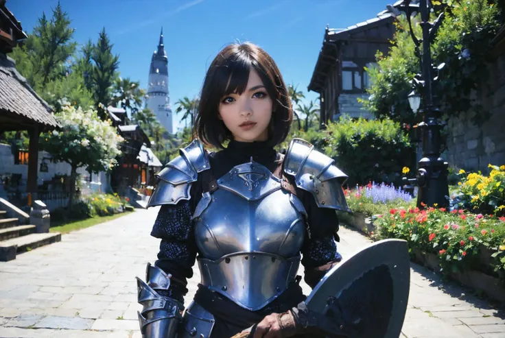 (masterpiece:1.4), (best quality:1.4), beautiful, detailed eyes, extremely detailed, feminine features, perfect body, very detailed face, Depth of field, extremely detailed CG, 8k, wallpaper, 1girl, detailed background, clear face, shiny skin, beautiful face, (esp. of a woman), a tall figure, BREAK (from front, Far-reaching, cowboy shot, medium tits, waist, standing, model posing, looking at viewer:1.3), (brown hair, medium hair, bangs, ecstasy, bright eyes:1.2), clavicle, broad shoulder, bracelet, ear pendants, necklace, jewelry, hair ornament, (ah1, perfect fingers), <lora:InstantPhotoX3:0.4>, BREAK (she is wearing plate armor, big axe, full metal armor, black armour, FF14MistVillage, blue sky, town:1.3), <lora:FF14MistVillage-000066:0.8>,