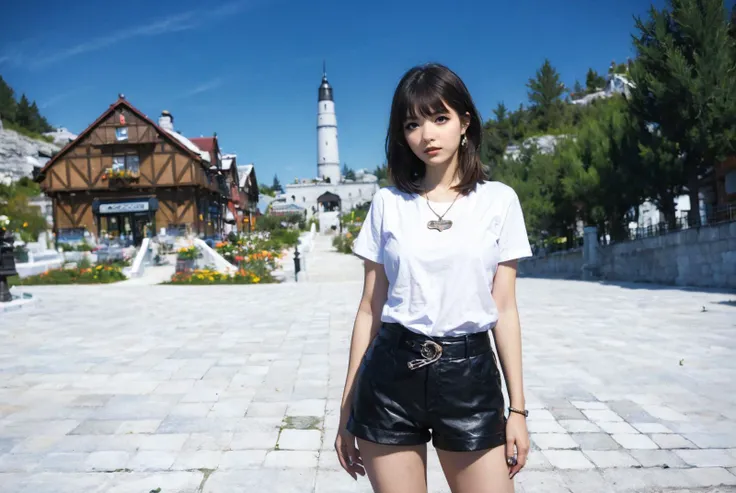 (masterpiece:1.4), (best quality:1.4), beautiful, detailed eyes, extremely detailed, feminine features, perfect body, very detailed face, Depth of field, extremely detailed CG, 8k, wallpaper, 1girl, detailed background, clear face, shiny skin, beautiful face, (esp. of a woman), a tall figure, BREAK (from front, Far-reaching, cowboy shot, medium tits, waist, standing, model posing, looking at viewer:1.3), (brown hair, medium hair, bangs, ecstasy, bright eyes:1.2), clavicle, broad shoulder, bracelet, ear pendants, necklace, jewelry, hair ornament, (ah1, perfect fingers), <lora:InstantPhotoX3:0.4>, BREAK (she is wearing T-shirt, shorts, high heels, FF14MistVillage, blue sky, town:1.3), <lora:FF14MistVillage-000066:0.8>,