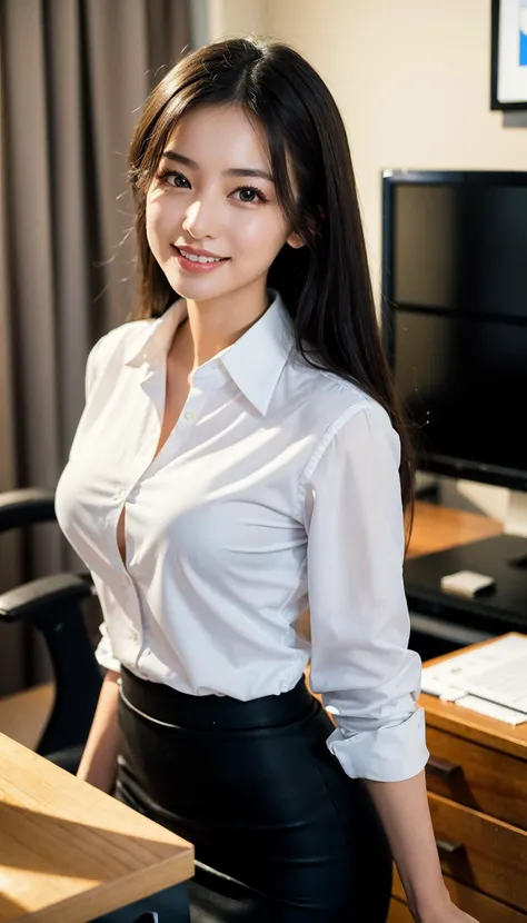 (best quality, masterpiece:1.3), absurd-res, RAW photo, 16K photo album, extremely detailed, blurry background, an incredible beautiful woman, a really pretty female office worker, youthful, detailed beautiful face, detailed large black eyes, medium hair, straight hair, medium breasts, wearing white button shirt, pencil skirt, in an office, standing, (chests out), looking at viewer, gentle smile, (upper body shot), (shot from diagonally front), close-up photo