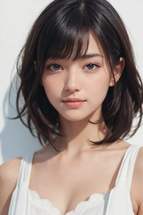 scenic professional photograph of (sharp focus:1.2), ((cowboy shot)), raw photo, DSLR photo, 8k hdr, ((masterpiece, best quality)), photorealistic, (photorealistic:1.2), HDR, high quality, high-definition, 1girl, standing 18 year old girl, Stands in front of a white photo canvas, (completely white background:1.4), Photorealistic, Hyperrealistic, Hyperdetailed, analog style, (soft lighting, soft shadow:1.4), realistic, masterpiece, best quality, ultra realistic, 8k, Intricate, High Detail, film photography, perfect viewpoint, highly detailed, wide-angle lens, hyper realistic, with dramatic sky, polarizing filter, natural lighting, vivid colors, everything in sharp focus, HDR, UHD, 64K, (beautiful_skin fair_skin white_skin), ((realistic_skin)), (young:1.4), perfect face, detailed beautiful face, glossy lips, smile, looking at viewer,