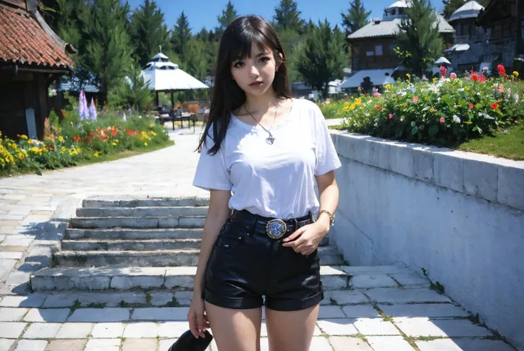 (masterpiece:1.4), (best quality:1.4), beautiful, detailed eyes, extremely detailed, feminine features, perfect body, very detailed face, Depth of field, extremely detailed CG, 8k, wallpaper, 1girl, detailed background, clear face, shiny skin, beautiful face, (esp. of a woman), a tall figure, BREAK (from front, Far-reaching, cowboy shot, medium tits, waist, standing, model posing, looking at viewer:1.3), (brown hair, medium hair, bangs, ecstasy, bright eyes:1.2), clavicle, broad shoulder, bracelet, ear pendants, necklace, jewelry, hair ornament, (ah1, perfect fingers), <lora:InstantPhotoX3:0.4>, BREAK (she is wearing T-shirt, shorts, high heels, FF14MistVillage, blue sky, town:1.3), <lora:FF14MistVillage-000066:0.8>,