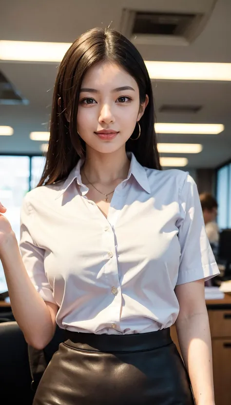 (best quality, masterpiece:1.3), absurd-res, RAW photo, 16K photo album, extremely detailed, blurry background, an incredible beautiful woman, a really pretty female office worker, youthful, detailed beautiful face, detailed large black eyes, medium hair, straight hair, medium breasts, wearing white button shirt, pencil skirt, in an office, standing, (chests out), looking at viewer, gentle smile, (upper body shot), (shot from diagonally front), close-up photo