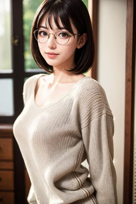 an incredible beautiful girl, extremely beautiful, perfect feminine features, solo, extremely detailed cute face, parted lips, short hair, silky hair, bob hair, bangs, large breasts, perky breasts, narrow waist, perfect figure, fair and smooth skin, natural skin texture, wearing cotton sweater, glasses, gentle smile, (looking at viewer straight), (since the sweater is tight. it emphasizes the bulge in her breasts:1.17), (best quality, masterpiece:1.3), absurd-res, RAW photo, 8K photo album, official art, (realistic, photo-realistic:1.4), extremely detailed, blurry background, indoors, in an office, upper body shot, (shot from diagonally side front), (close-up photo:1.2)