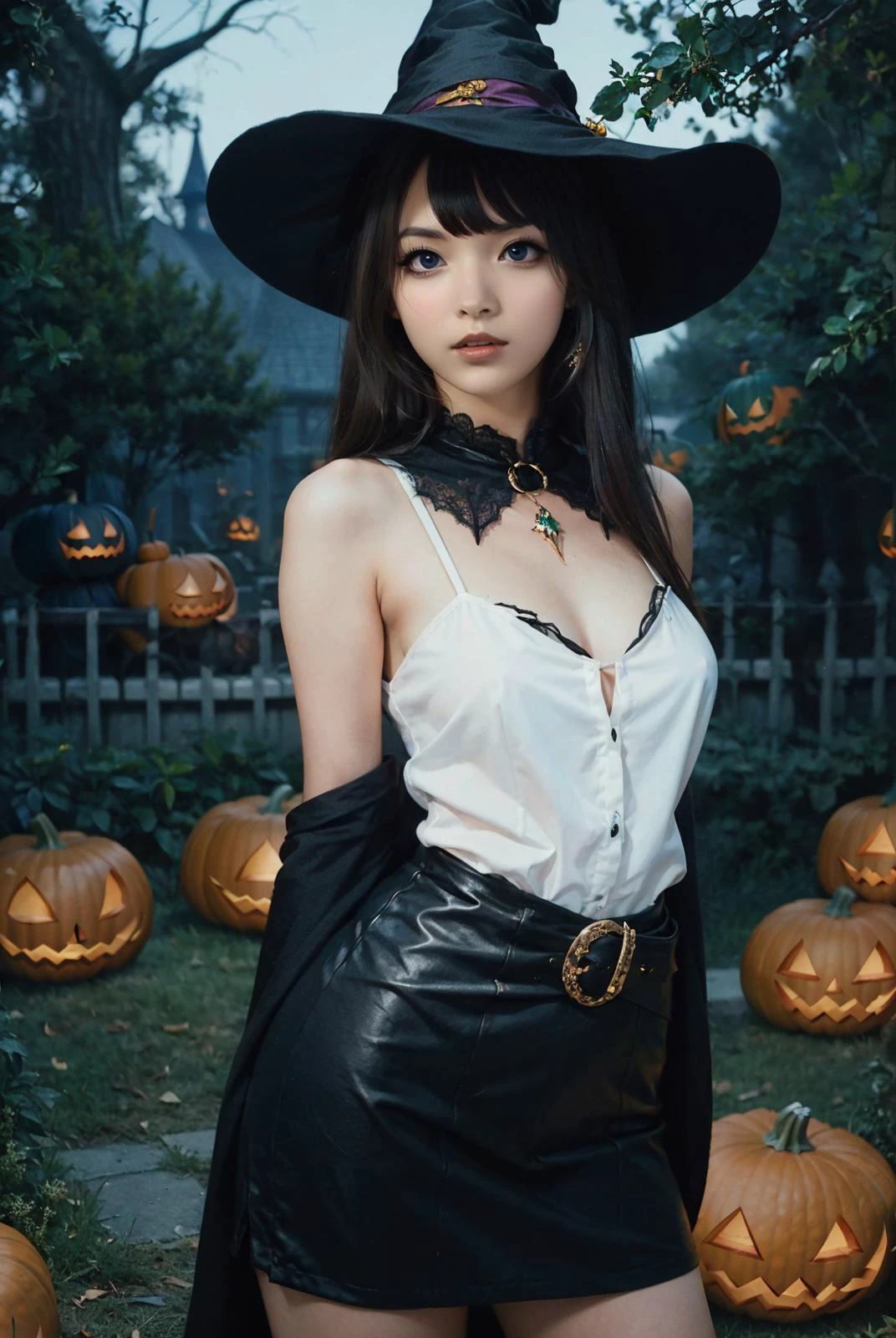 (masterpiece:1.4), (best quality:1.4), beautiful, detailed eyes, extremely detailed, feminine features, perfect body, very detailed face, Depth of field, extremely detailed CG, 8k, wallpaper, 1girl, detailed background, clear face, shiny skin, beautiful face, (esp. of a woman), a tall figure, BREAK (from front, Far-reaching, cowboy shot, medium tits, waist, standing, model posing, arms behind back, looking at viewer:1.3), (brown hair, medium hair, bangs, ecstasy, bright eyes:1.2), clavicle, broad shoulder, bracelet, ear pendants, necklace, jewelry, hair ornament, (ah1, perfect fingers), <lora:InstantPhotoX3:0.4>, BREAK (she is wearing witch costume, FF14Halloween, Halloween, pumpkins, outdoors:1.3), <lora:FF14Halloween:0.8>,