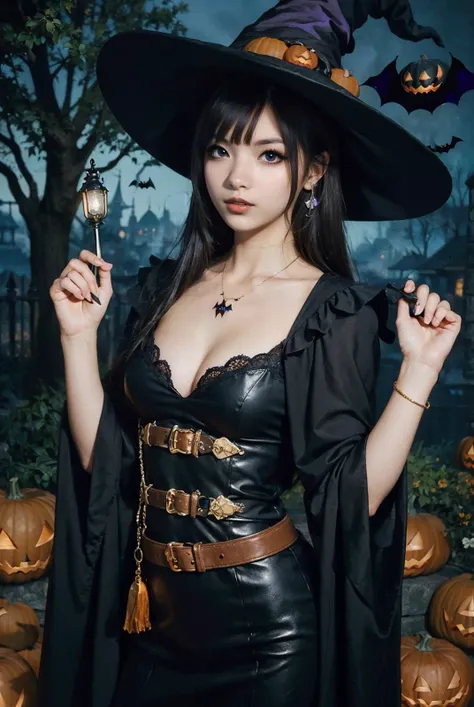 (masterpiece:1.4), (best quality:1.4), beautiful, detailed eyes, extremely detailed, feminine features, perfect body, very detailed face, Depth of field, extremely detailed CG, 8k, wallpaper, 1girl, detailed background, clear face, shiny skin, beautiful face, (esp. of a woman), a tall figure, BREAK (from front, Far-reaching, cowboy shot, medium tits, waist, standing, model posing, looking at viewer:1.3), (brown hair, medium hair, bangs, ecstasy, bright eyes:1.2), clavicle, broad shoulder, bracelet, ear pendants, necklace, jewelry, hair ornament, (ah1, perfect fingers), <lora:InstantPhotoX3:0.4>, BREAK (she is wearing witch costume, FF14Halloween, Halloween, pumpkins, outdoors:1.3), <lora:FF14Halloween:0.8>,