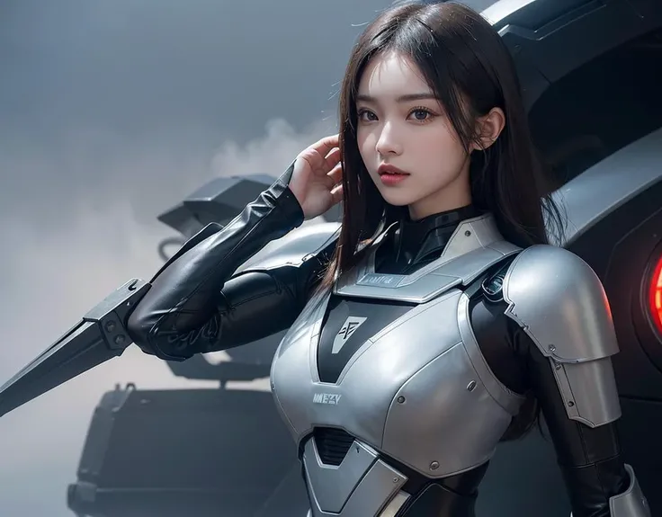 outdoor, ((upper body)), ((( wearing gray and black nano-suits)))+++, (wide hip:0.7, large breasts:0.8, perfect slender young girl body) ,Perfectly glossy skin ,25 yo mature girl, , picture of a vivid, (masterpiece:1.2),(extremely detailed),(8k:1.1),(perfect lighting,best quality,highres,original),(realistic photography:1.4) ,high detailed skin,shaded face, soft lighting, (small face),RAW, ultra highres, pores visible, , shiny_and_glossy_skin, asian beauty, (gorgeous beautiful 20 years old asian girl), ((best detailed slender body)), (asian idol, asian beauty, asian mixed), (complex, Machine background ,spaceship outdoors background, Mecha Transport parts:1.2), (dark and foggy environment:1.1), ((heavy fog environment:1.1)), (battlefield behind:1.2), <lora:JapaneseDollLikeness_v15:0.3>
