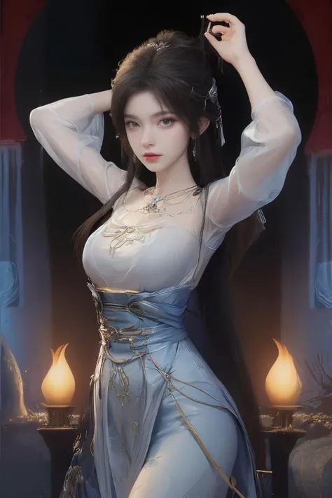 <lora:QingYi:1>,qingyi, (masterpiece, top quality, best quality, official art, beautiful and aesthetic:1.2), (1 girl:1.3), blue eyes, gold ponytail, arms up, red Chinese dress, (fractal art:1.2), big clock, Cowboy shot,