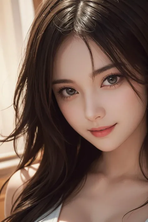 1girl, 18 years old girl, purely cute girl, prefect face, detailed beautiful face, large detailed brown eyes, gorgeous lips, smiling, busty, glossy white skin, from front, cowboy shot, look at viewer, (masterpiece:1.4), (best quality:1.2), RAW phot, ultra-detailed, 16k wallpaper, finely detailed, official art, subsurface scattering, golden ratio, digital painting, high-quality texture, incredibly detailed, (absurd-res, high-res, ultra detailed), huge file size, beautiful composition, sharp focus, dramatic lighting