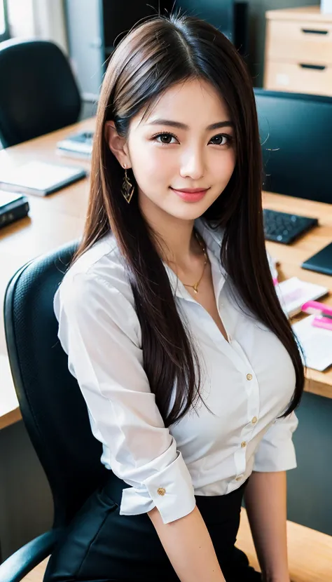 (best quality, masterpiece:1.3), absurd-res, RAW photo, 16K photo album, blurry background, an incredible beautiful woman, a really beautiful female office worker, youthful, extremely detailed beautiful and pretty face, extremely detailed large black eyes, medium hair, straight hair, medium breasts, wearing white button shirt, pencil skirt, in an office, standing, (chests out), looking at viewer, gentle smile, (upper body shot), (shot from diagonally front), close-up photo
