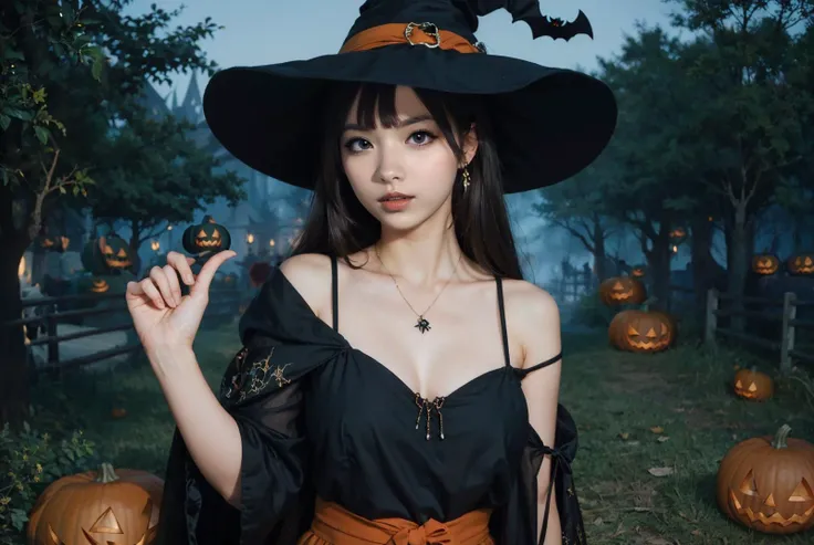 (masterpiece:1.4), (best quality:1.4), beautiful, detailed eyes, extremely detailed, feminine features, perfect body, very detailed face, Depth of field, extremely detailed CG, 8k, wallpaper, 1girl, detailed background, clear face, shiny skin, beautiful face, (esp. of a woman), a tall figure, BREAK (from front, Far-reaching, cowboy shot, medium tits, waist, standing, model posing, looking at viewer:1.3), (brown hair, medium hair, bangs, ecstasy, bright eyes:1.2), clavicle, broad shoulder, bracelet, ear pendants, necklace, jewelry, hair ornament, (ah1, perfect fingers), <lora:InstantPhotoX3:0.4>, BREAK (she is wearing witch costume, FF14Halloween, Halloween, pumpkins, outdoors:1.3), <lora:FF14Halloween:0.8>,