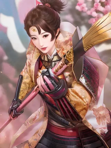 <lora:DW13nobun16style-v5-000002:1.2>,woman,women's samurai armor,holding spear, masterpiece