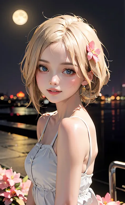 masterpiece, best quality, 1girl, (colorful),(finely detailed beautiful eyes and detailed face),cinematic lighting,bust shot,extremely detailed CG unity 8k wallpaper,white hair,solo,smile,intricate skirt,((flying petal)),(Flowery meadow) sky, cloudy_sky, building, moonlight, moon, night, dark theme, light, fantasy, <lora:Google:0.55>