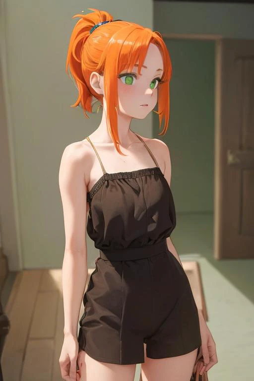 (best quality, masterpiece1.2), intricate detail,
1girl, aged down, orange hair,ponytail, green eyes, {nude}, standing, full body,