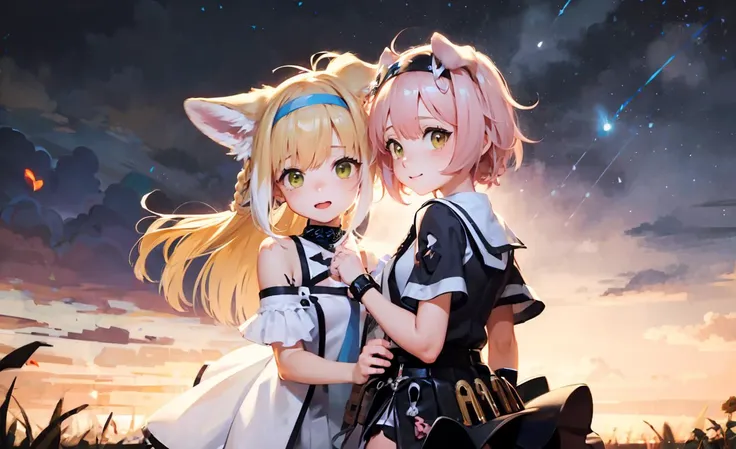 masterpiece, best quality, 2girls, (colorful),(finely detailed beautiful eyes and detailed face),cinematic lighting,bust shot,extremely detailed CG unity 8k wallpaper,white hair,solo,smile,intricate skirt,((flying petal)),(Flowery meadow) sky, cloudy_sky, building, moonlight, moon, night, dark theme, light, fantasy, <lora:epiNoiseoffset_v2:0.3>
AND,masterpiece, best quality,2girls,<lora:ArknightsSuzuran_10:1>,suzuran \(arknights\), 
AND,masterpiece, best quality,2girls,<lora:ArknightsGoldenglow_v10:1> ,goldenglow \(arknights\),