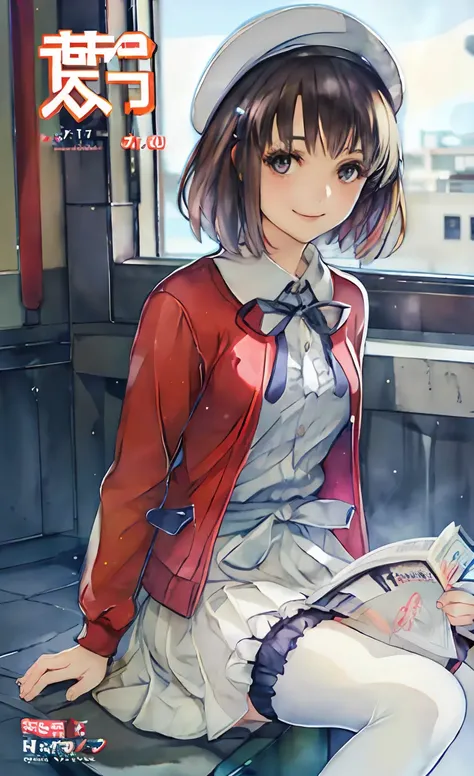 {masterpiece,best quality,official art,extremely detailed CG unity 8k wallpaper},beautiful detailed eyes,(glad;happy),Childlike innocence,Fairy face,radiant,(((Seductive smile))),hair ornament,necklace, jewelry,(Soft light color temperatur strong rim light, intense shadows:2200k ),, (magazine:1.3), (cover-style:1.5), fashionable,1girl,solo, white dress, red jacket, neck ribbon, beret, white thighhighs, frills, bow, mary janes.<lora:epiNoiseoffset_v2:0.3><lora:katouMegumiSaekano_v1:0.7>
