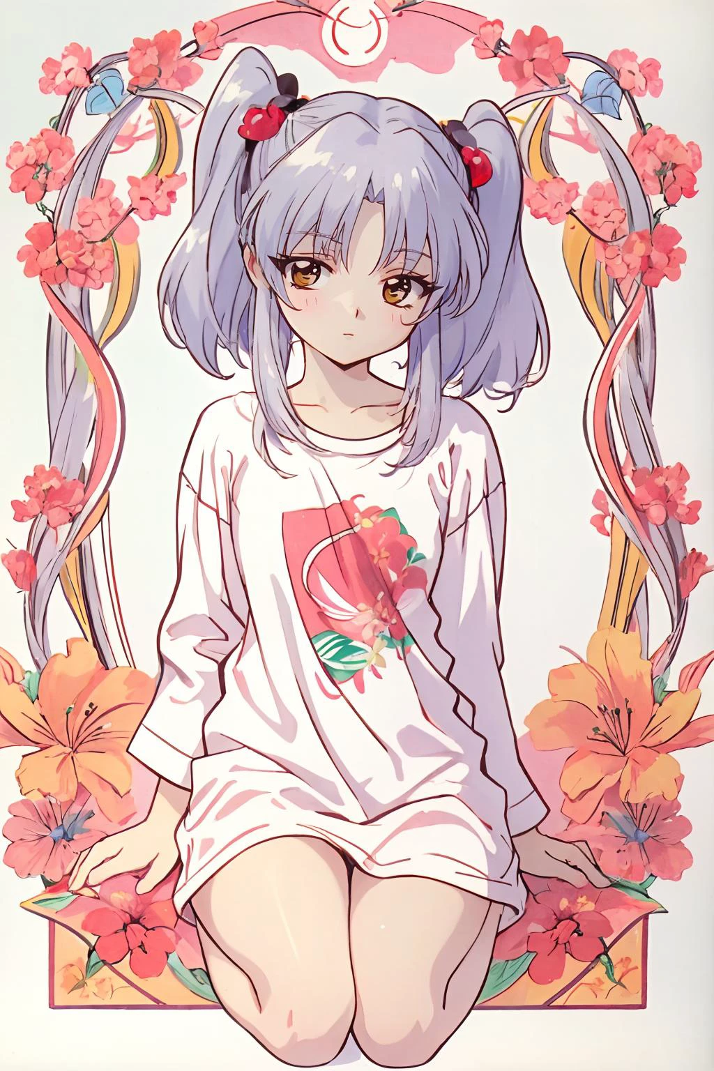16k, highres, masterpiece, best quality,
pinup of cute petite, art nouveau, detailed background,
RH, silver hair, hair ornament, white oversized t-shirt, untucked long shirt, barefoot, <lora:Ruri Hoshino:0.8>