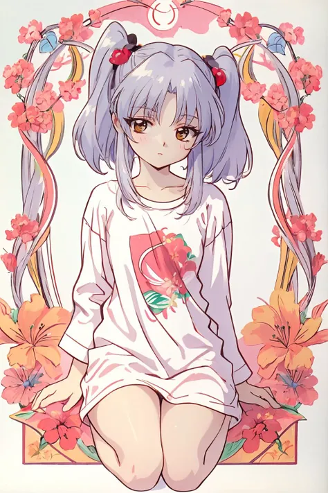 16k, highres, masterpiece, best quality, 
pinup of cute petite, art nouveau,  detailed background,
RH, silver hair,  hair ornament, white oversized t-shirt, untucked long shirt,   barefoot,  <lora:Ruri Hoshino:0.8>