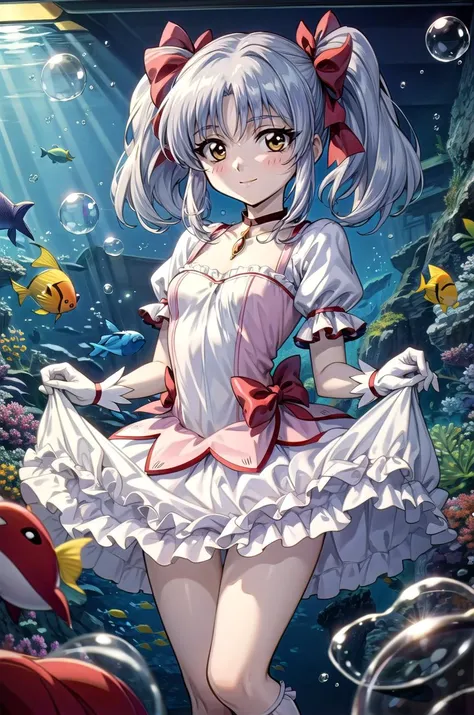 (masterpiece, best quality, detailed), 1girl, solo, rh, twintails, hair ornament, looking at viewer, 
, <lora:MadokaCostumePackV1_2:0.9> madoka outfit, indoors, aquarium, fish, bubble, scenery, coral, blue theme, skirt lift, smile, closed mouth, blush