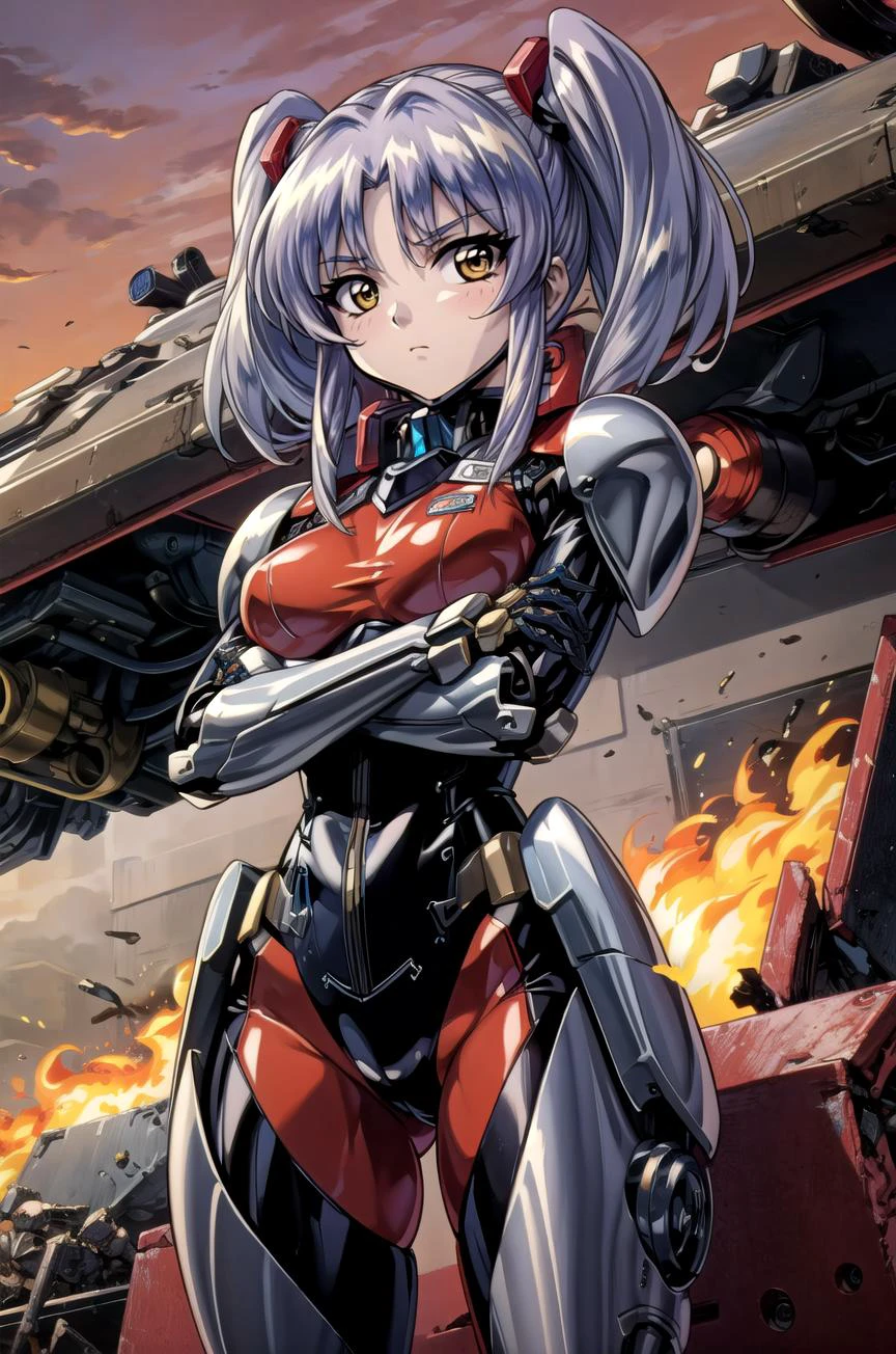 (masterpiece, best quality, detailed), 1girl, solo, rh, twintails, hair ornament, looking at viewer, 
<lora:mecha_offset:1>, mecha musume,mechanical parts, robot joints,single mechanical arm, headgear, mecha corset, full armor, world war ii, war, military vehicle, battlefield, battle, dust, smoke, burning, fire, red sky, explosion, crossed arms, breast hold, arms under breasts, serious