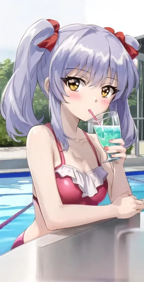 RH, 1girl, solo, upper body, looking at viewer, pool, pink swimsuit, twintails, blush, drinking soda glass, sunny, perfect quality, good quality, masterpiece, HDR, UHD <lora:Ruri Hoshino:0.75>