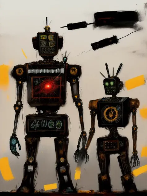 <lora:15AIME:1>a painting of a robot and a man with a gun,
