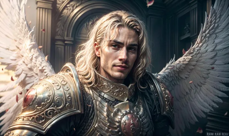 midbody closeup, Photorealistic, Hyperrealistic, Hyperdetailed, analog style, detailed skin, matte skin, soft lighting, subsurface scattering, realistic, heavy shadow, masterpiece, best quality, ultra realistic, 8k, Intricate, High Detail, film photography, soft focus , <lora:sanguinius_by_CARAXES_mk1:0.8> Midbody photo, in full heavy armor, very handsome man face, tall and big, Gentle smiling, long Curly white hair, golden armor, Angel, epic, reflective metal, white wings, palace, celebration, rose petals, close cut shave.
, <lora:more_details:0.5> <lora:Elixir:0.5> <lora:dieselpunk:0.3>, RAW candid cinema, 16mm, color graded portra 400 film, remarkable color, ultra realistic, shot with cinematic camera