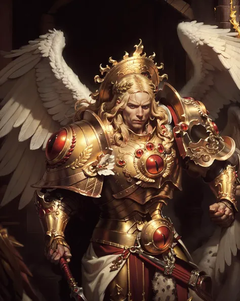 ((best quality)), ((masterpiece)), ((realistic)), (detailed), baroque portrait of 1man, Caravaggio, Rembrandt, extremely detailed oil painting, renaissance, classicism, sharp focus, detailed face, (action SHOT), (action pose),
1man, angelic features, ANGEL, 2wings, looking at the viewer, long blond hair, glowing eyes, ((glowing halo)), grim, masculine, square jaw, focused, tall stature, oversized giant wings, feathered wings
(((holding weapon))), (spear), full armor, power armor, shining golden armor, intricately detailed armor, pauldrons, shoulder armor, fur pelt,
upper body, war background, ruined gate, giant wall, burning city, palace,
<lora:Sanguinius MK3 by CARAXES:0.72> <lora:Rembrandt:0.4>