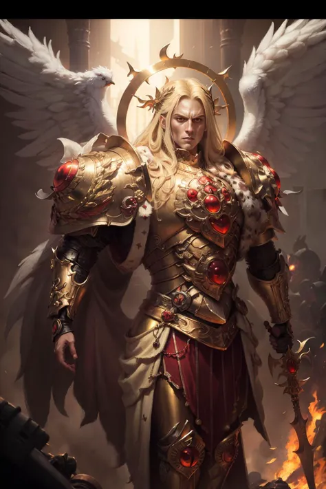 ((best quality)), ((masterpiece)), ((realistic)), (detailed), baroque portrait of a man, extremely detailed oil painting, sharp focus, detailed face, grim, masculine, (square jaw), focused, (action SHOT), (action pose),
1man, angelic features, ANGEL, looking at the viewer, long blond hair, glowing eyes, ((glowing halo)),
<lora:Sanguinius MK3 by CARAXES:0.65> <lora:artstyle - Miura_08:0.6>