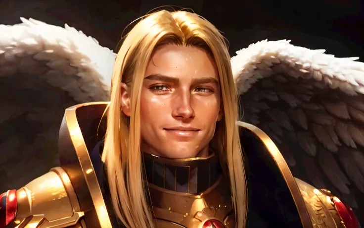 RAW candid cinema, male angel, 16mm, color graded portra 400 film, ((loving smile)), sanguinius, remarkable color, ultra realistic, textured skin, remarkable detailed pupils, teeth, raised eyebrow, man with angel wings, realistic dull skin noise, visible skin detail, skin fuzz, dry skin, shot with cinematic camera, mid body, Warhammer, standing straight, proud, closed fists, 30k, 1man, space marine, battle hardened, big, bulky gold armor, muscle cuirass, cloak, gentle smile, young, man face, long blonde hair, angel wings, feathered wings, desert mesa, low sun, multiple moons, <lora:dieselpunk:0.5>, Photorealistic, Hyperrealistic, Hyperdetailed, analog style, detailed skin, matte skin, soft lighting, subsurface scattering, realistic, heavy shadow, masterpiece, best quality, ultra realistic, 8k, Intricate, High Detail, film photography, soft focus
<lora:Sanguinius MK3 by CARAXES:0.8>