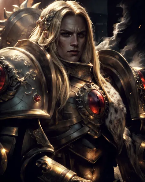 Upper body, cowboy shot, shot with cinematic camera, epic photographic portrait of SANGUINIUS, wearing ornate golden armor with giant feathered angel (wings:1.2), fur trim, matte metal texture on armor, red glow, red pelvic curtain, (broad shoulders:1.3), tall,
young man, knight, warrior, masculine, square jaw, sharp facial features, aquiline nose, chiseled, detailed matte skin texture, skin imperfections, skin poresm realistic skin, detailed eyes, blue glowing eyes, detailed pupils, long blonde hair, frustrated, looking at viewer,
outdoors, dim lighting, war background, battle background, smoke, dust, (warhammer 40k:1.2), dust cloud, soft lighting, subsurface scattering, cinematic color grading, postprocessing, realistic, heavy shadow, masterpiece, best quality, hyperrealistic, 8k, Intricate, High Detail, film photography, soft focus
<lora:Elixir:0.35> <lora:more_details:0.6> <lora:Sanguinius MK3 by CARAXES:0.75>