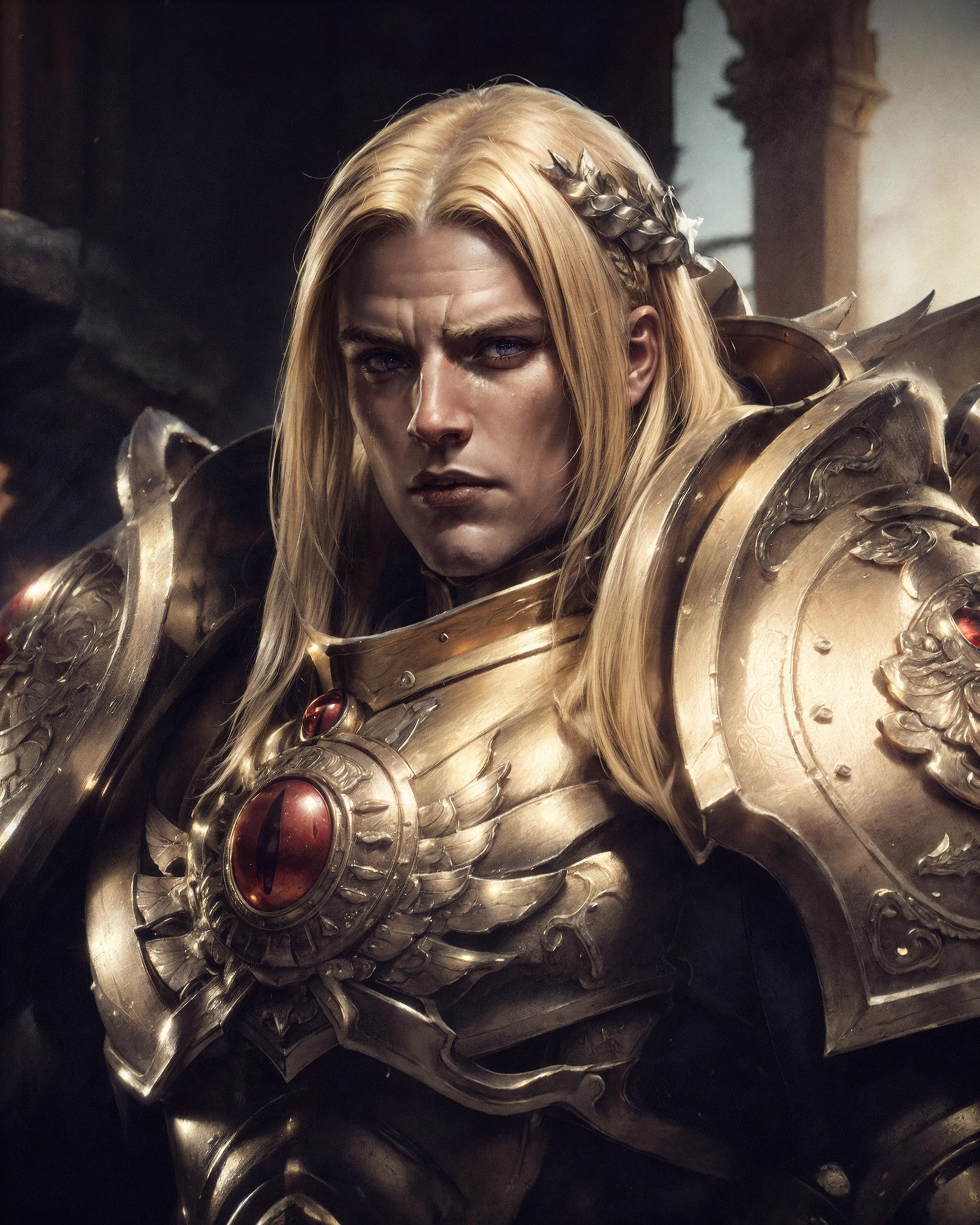 Upper body, medium shot, shot with cinematic camera, epic photographic portrait of SANGUINIUS, wearing ornate golden armor with giant feathered angel wings, fur trim, matte metal texture on armor, red glow, red pelvic curtain, (broad shoulders:1.2), tall,
young man, knight, warrior, masculine, square jaw, sharp facial features, aquiline nose, chiseled, detailed matte skin texture, skin imperfections, skin poresm realistic skin, detailed eyes, blue glowing eyes, detailed pupils, long blonde hair, frustrated, looking at viewer,
outdoors, dim lighting, war background, battle background, smoke, dust, (warhammer 40k:1.2), dust cloud, soft lighting, subsurface scattering, cinematic color grading, postprocessing, realistic, heavy shadow, masterpiece, best quality, hyperrealistic, 8k, Intricate, High Detail, film photography, soft focus
<lora:Elixir:0.5> <lora:more_details:0.6> <lora:Sanguinius MK3 by CARAXES:0.75>