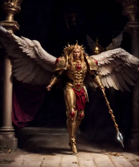 full body, action shot with cinematic camera, epic photographic portrait of SANGUINIUS, wearing ornate golden armor(laurel wreath, glowing halo:1.1), in battle,
man, (knight, rugged warrior, mature, masculine, square jaw, sharp facial features, grim and determined facial expression, focused :1.3), aquiline nose, (brad pitt:1.1), chiseled, detailed matte skin texture, skin imperfections, skin pores, realistic skin, detailed eyes, blue glowing eyes, detailed pupils, long blonde hair, frustrated, looking at viewer,
dim lighting, (warhammer 40k:1.2), soft lighting, subsurface scattering, cinematic color grading, renaissance painting, (Rembrandt masterpiece:1.2), chiaroscuro, best quality, hyperrealistic, 8k, Intricate, High Detail, film photography, soft focus
<lora:Elixir:0.4> <lora:more_details:0.6> <lora:Sanguinius MK3 by CARAXES:0.75>