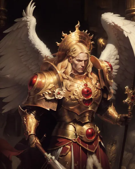 ((best quality)), ((masterpiece)), ((realistic)), (detailed), baroque portrait of 1man, Caravaggio, Rembrandt, extremely detailed oil painting, renaissance, classicism, sharp focus, detailed face, (action SHOT), (action pose),
1man, angelic features, ANGEL, 2wings, looking at the viewer, long blond hair, glowing eyes, ((glowing halo)), grim, masculine, square jaw, focused, tall stature, oversized giant wings, feathered wings
(((holding weapon))), (spear), full armor, power armor, shining golden armor, intricately detailed armor, pauldrons, shoulder armor, fur pelt,
upper body, war background, ruined gate, giant wall, burning city, palace,
<lora:Sanguinius MK3 by CARAXES:0.68> <lora:Rembrandt:0.4>