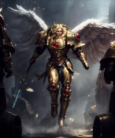 full body, action shot with cinematic camera, epic photographic portrait of SANGUINIUS, wearing ornate golden armor, (broad shoulders:1.3), tall, (laurel wreath, glowing halo:1.1), 
man, (knight, rugged warrior, mature, masculine, square jaw, sharp facial features:1.2), (aquiline nose:1.2), chiseled, detailed matte skin texture, (skin imperfections, skin pores, realistic skin:1.1), detailed eyes, blue glowing eyes, detailed pupils, (frustrated:1.1), looking at viewer,
dim lighting, (warhammer 40k:1.2), soft lighting, subsurface scattering, cinematic color grading, cinematic color grading, postprocessing, realistic, heavy shadow, best quality, hyperrealistic, 8k, Intricate, High Detail, film photography, soft focus,
<lora:Elixir:0.4> <lora:more_details:0.6> <lora:Sanguinius MK3 by CARAXES:0.75>