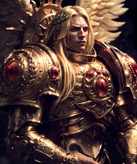 Upper body, cowboy shot, shot with cinematic camera, epic photographic portrait of SANGUINIUS, wearing ornate golden armor with giant feathered angel (wings:1.2), fur trim, matte metal texture on armor, red glow, red pelvic curtain, (broad shoulders:1.3), tall,
young man, knight, warrior, masculine, square jaw, sharp facial features, aquiline nose, chiseled, detailed matte skin texture, skin imperfections, skin poresm realistic skin, detailed eyes, blue glowing eyes, detailed pupils, long blonde hair, frustrated, looking at viewer,
outdoors, dim lighting, war background, battle background, smoke, dust, (warhammer 40k:1.2), dust cloud, soft lighting, subsurface scattering, cinematic color grading, postprocessing, realistic, heavy shadow, masterpiece, best quality, hyperrealistic, 8k, Intricate, High Detail, film photography, soft focus
<lora:Elixir:0.5> <lora:more_details:0.6> <lora:Sanguinius MK3 by CARAXES:0.75>