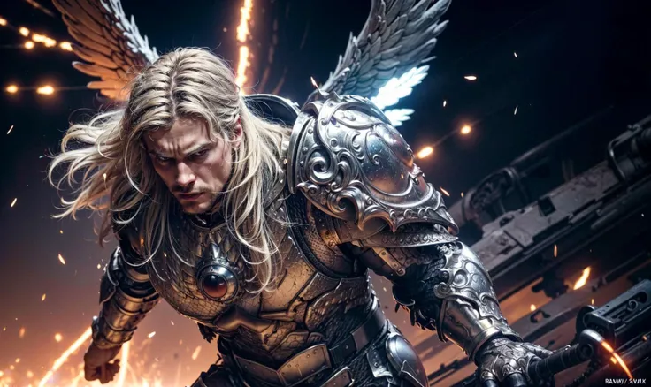 full body photo, dynamic action poses, Photorealistic, Hyperrealistic, Hyperdetailed, analog style, detailed skin, matte skin, soft lighting, subsurface scattering, realistic, heavy shadow, masterpiece, best quality, ultra realistic, 8k, Intricate, High Detail, film photography, soft focus , <lora:sanguinius_by_CARAXES_mk1:0.8>, in full heavy armor, loincloth, As man face, tall and big, Angry, manly, tough, muscular, long Curly white hair, golden armor, Angel, epic, reflective metal, white wings, close cut shave. War background.
, <lora:more_details:0.5> <lora:Elixir:0.5> , RAW candid cinema, 16mm, color graded portra 400 film, remarkable color, ultra realistic, shot with cinematic camera <lora:AS:0.2>